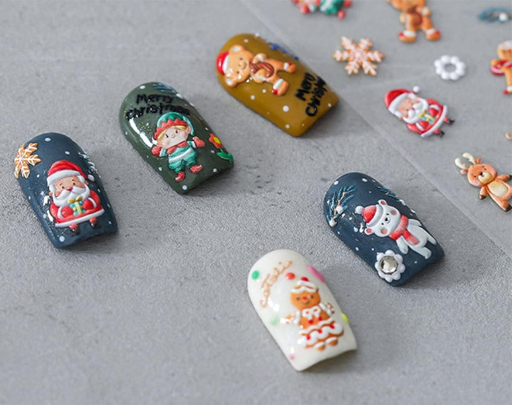 Nail Art Stickers, 5D Stereoscopic Embossed Nail Stickers Winter Snowman Nail Design Stick Elk Pattern Xmas Christmas Bell Tree for Christmas Nail Decoration(4 Sheets)
